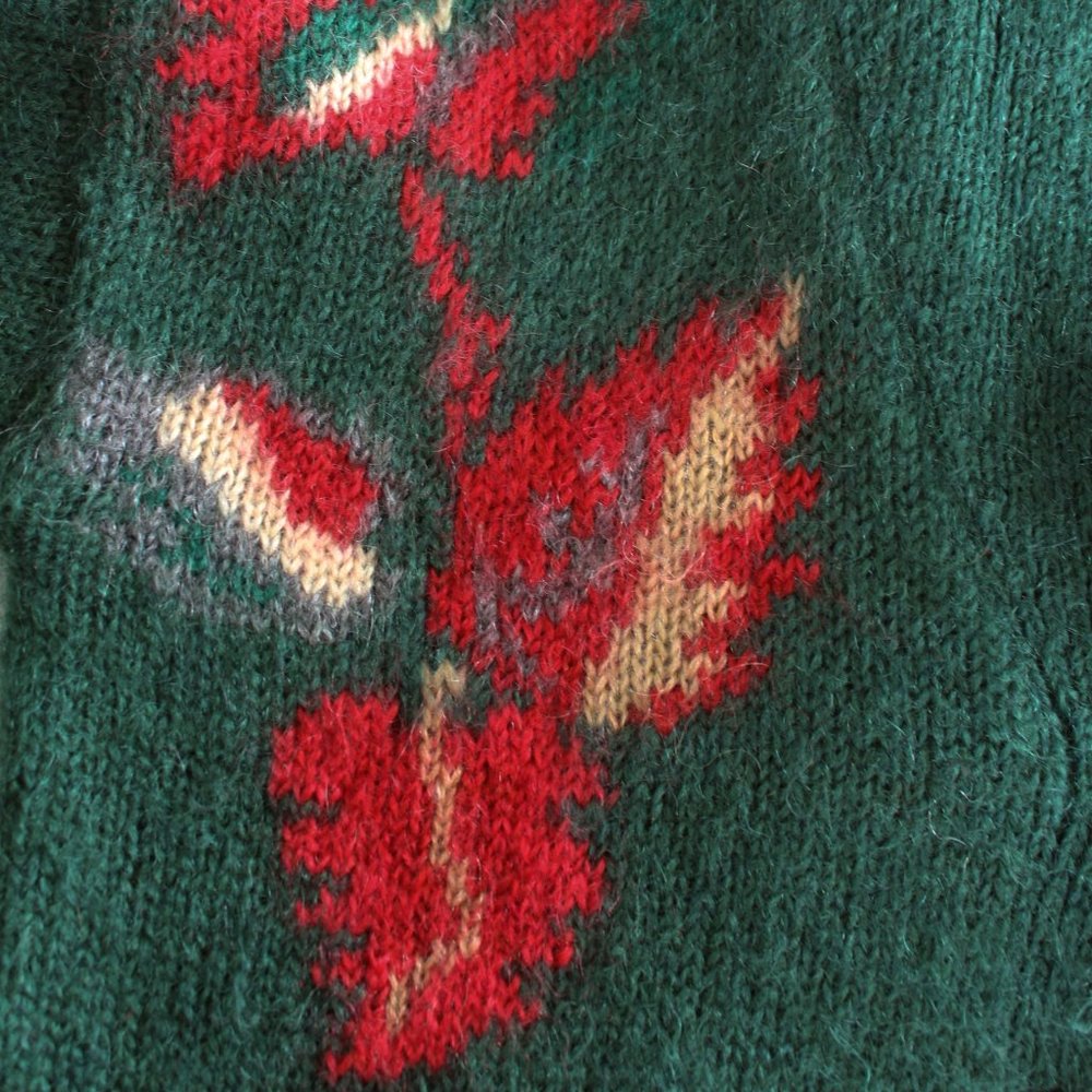 Vintage 90s Mohair Cardigan Sweater Shawl Collar Ribbed Knit Green Leafs Pockets - Picture 4 of 12